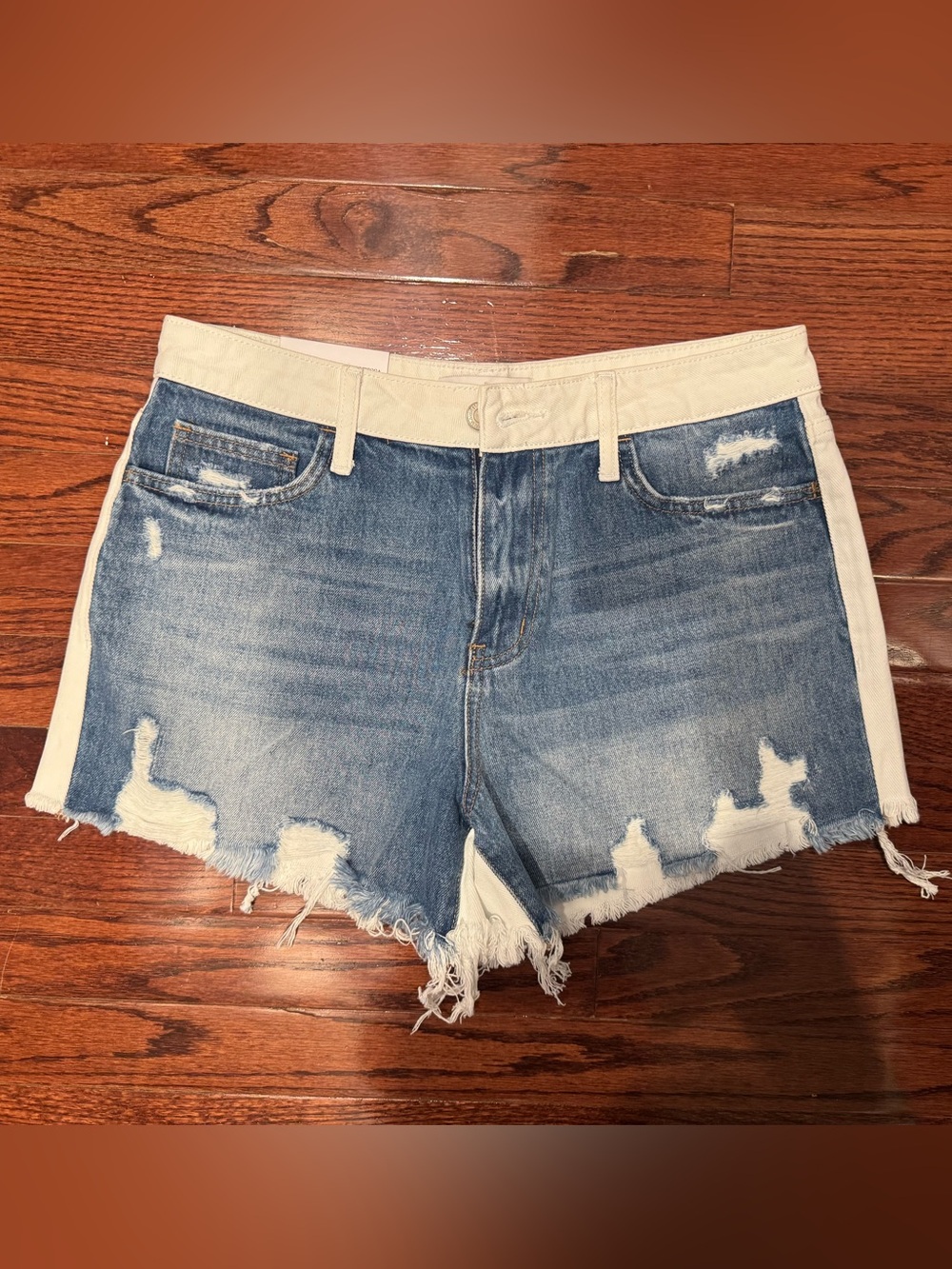 Classic Distressed Denim Shorts with Cream Waistband - Women